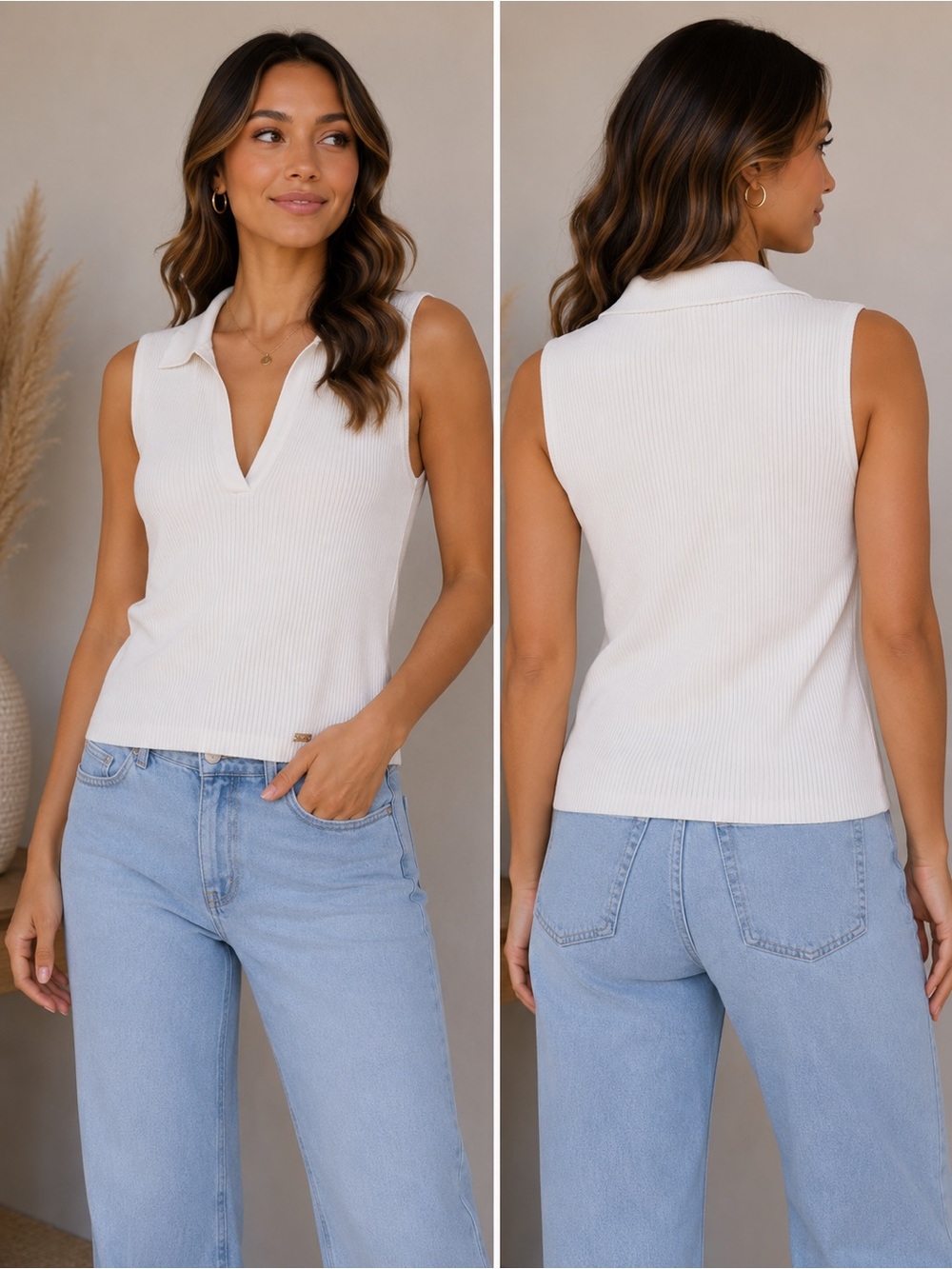 Calvin Klein White Ribbed Sleeveless Collared Knit Top Size Small